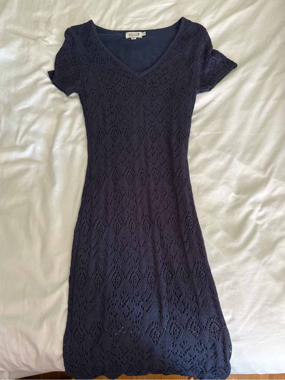 Molly Bracken Navy Blue Knit Eyelet V‑Neck Dress